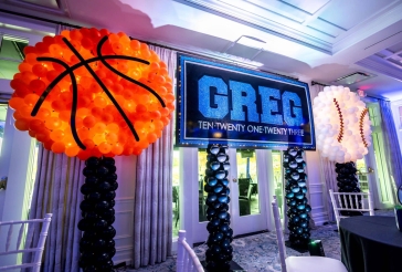 Bar Mitzvah Backdrop with Sports Ball Sculptures