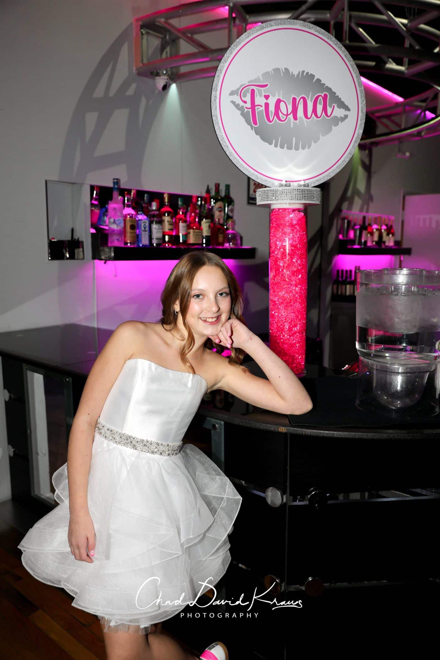 Custom LED Logo Topper with Silver Bling Trim & Pink Chips for a Bat Mitzvah at Club Infinity