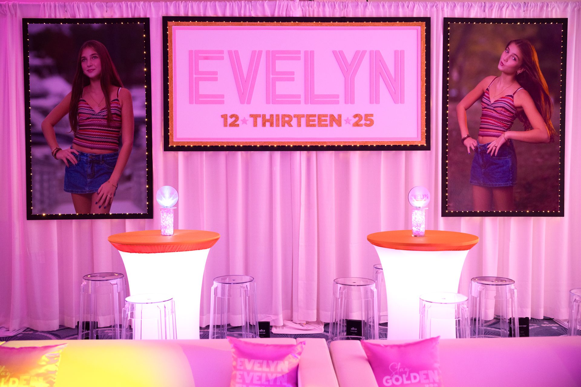 Custom Bat Mitzvah Backdrop with Blowup Photos & Lights at Beach Point Club