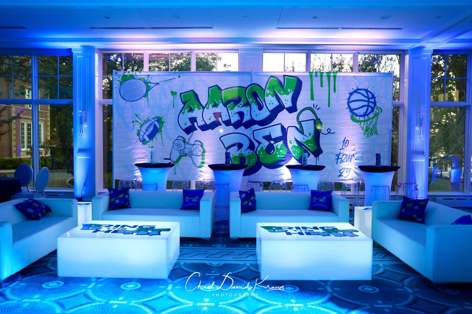Custom Mural for a B'nai Bar Mitzvah Behind a LED Lounge at Beach Point Club