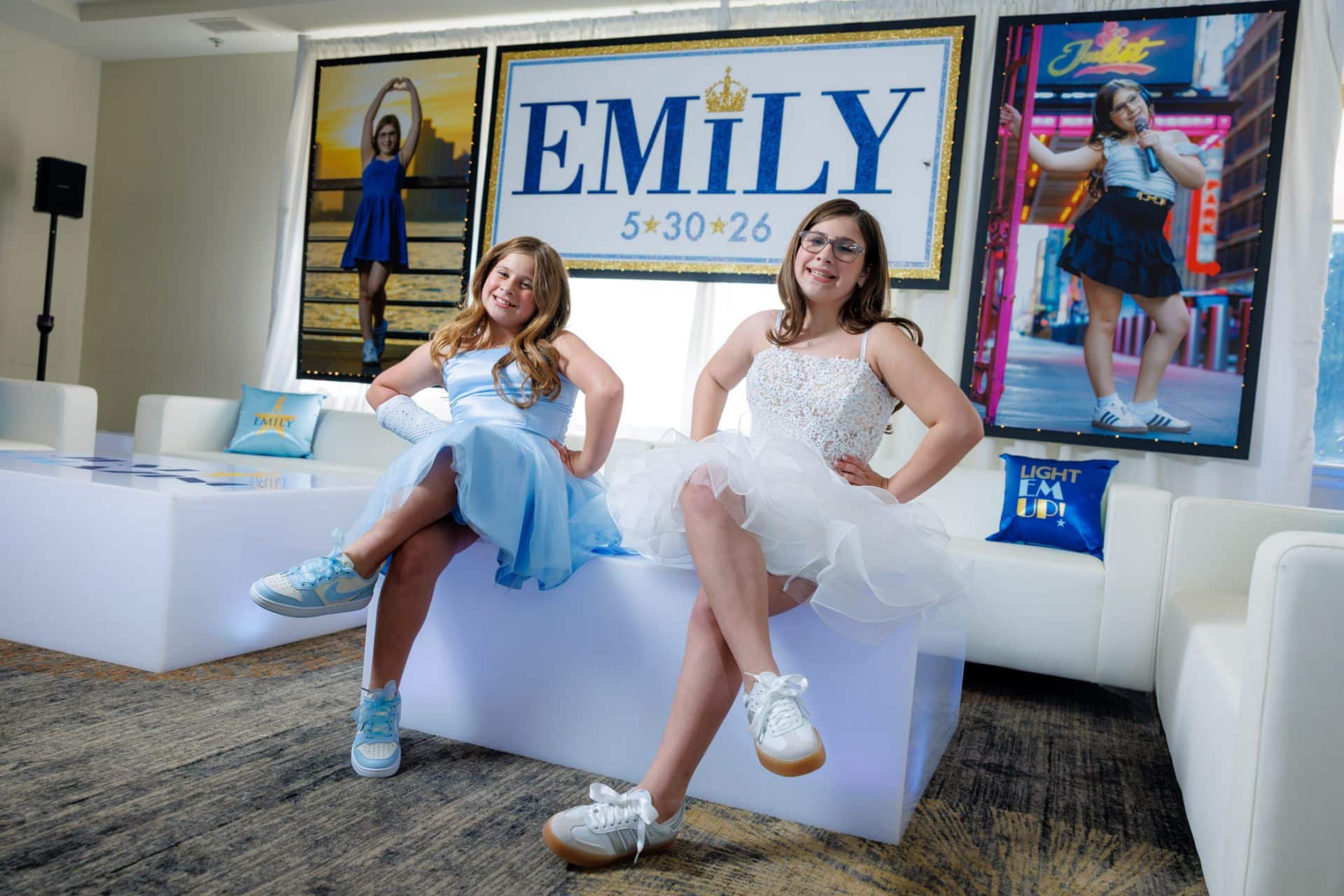 Hand Cut Back Drop with Blow Up Photos On Pipe & Drape for a Broadway Theme Bat Mitzvah at Shackamaxon Country Club