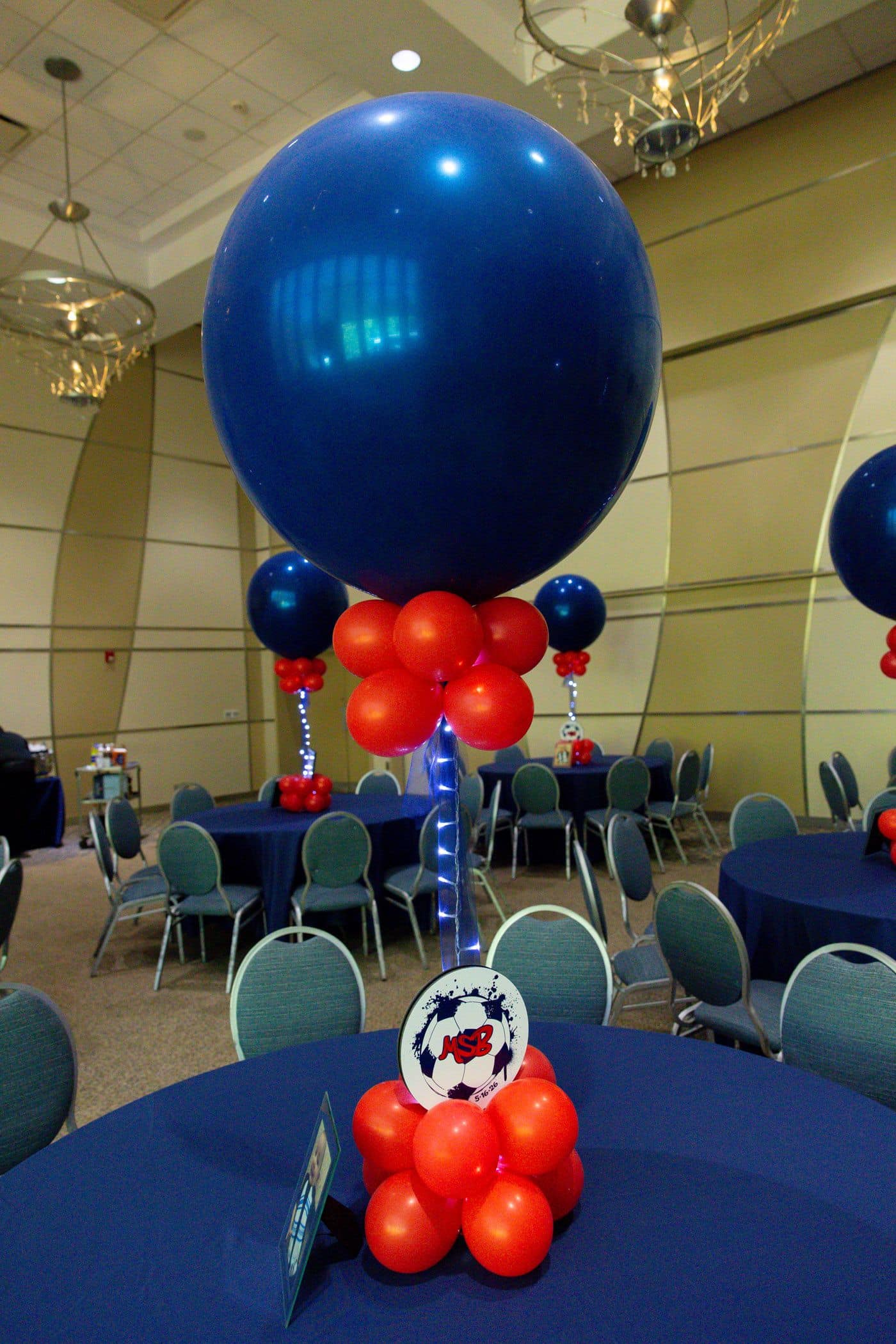 3ft Balloon Centerpiece with Lights & Custom Logo Base for a Soccer Theme Bar Mitzvah at