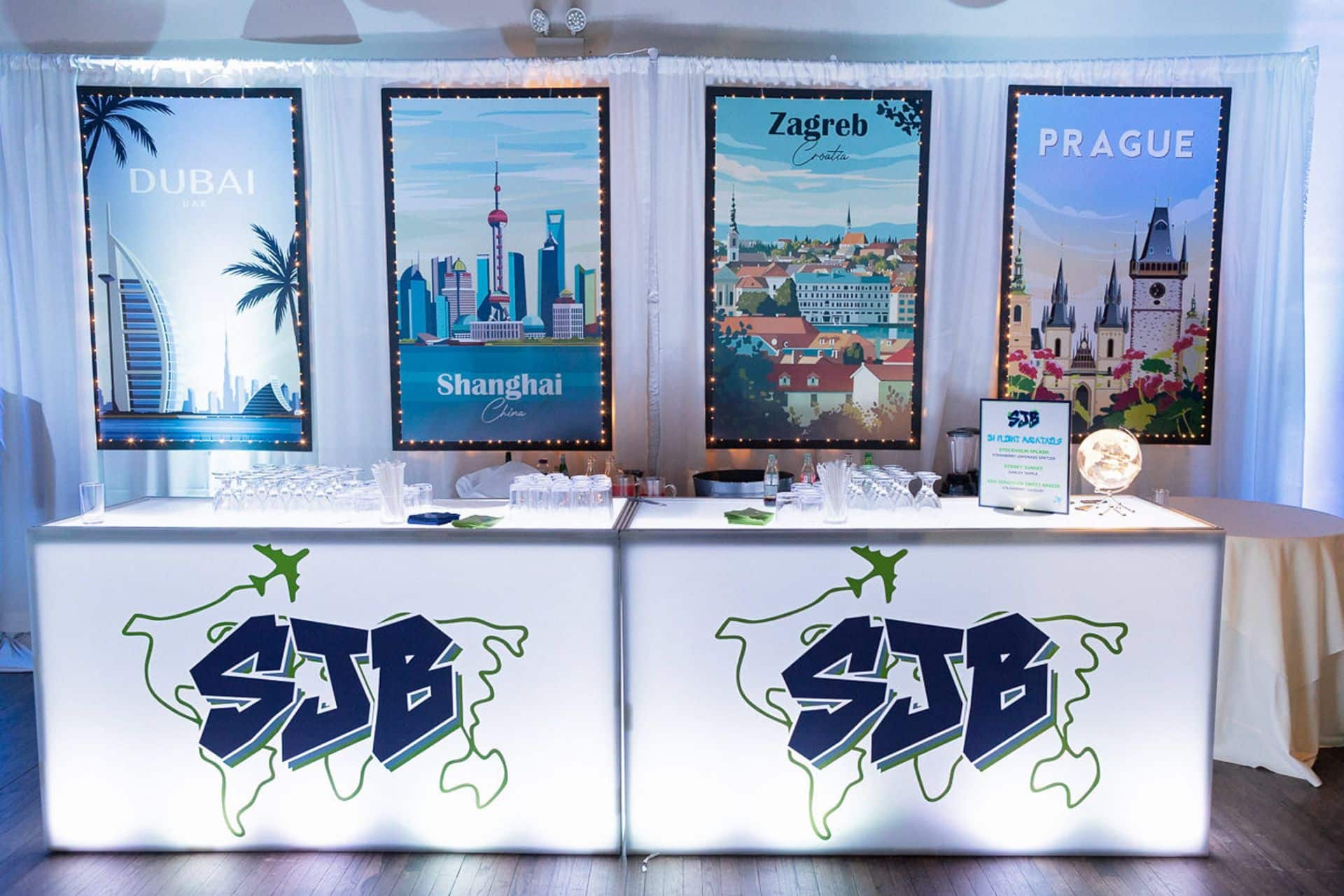 Custom LED Bar with Blow Up Travel Posters for a Travel Theme Bar Mitzvah at Liberty Ware House