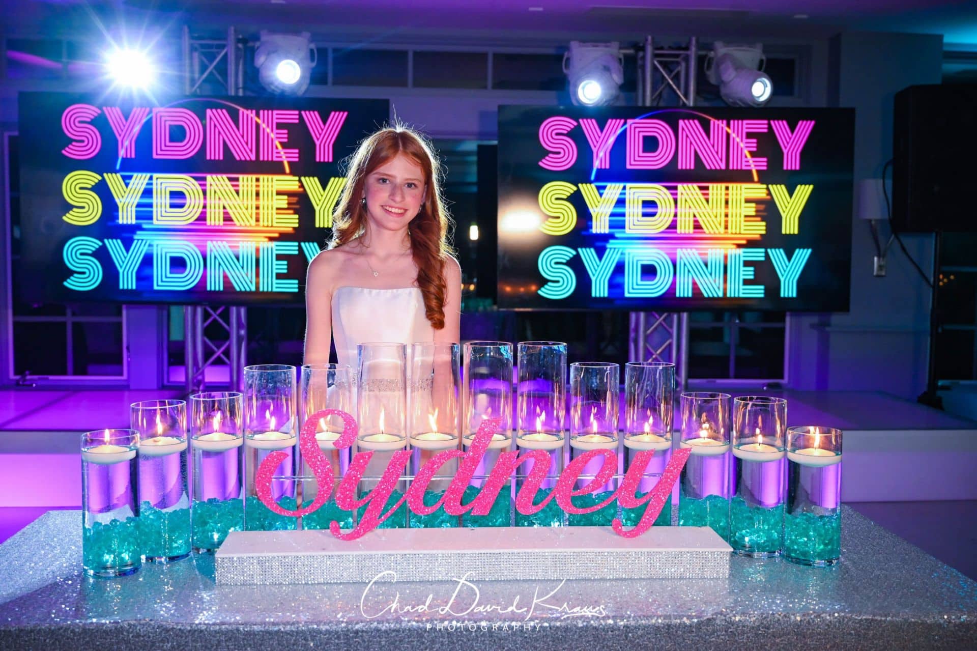 Hot Pink Glitter Name Display with Cylinders & Turquoise LED Chips