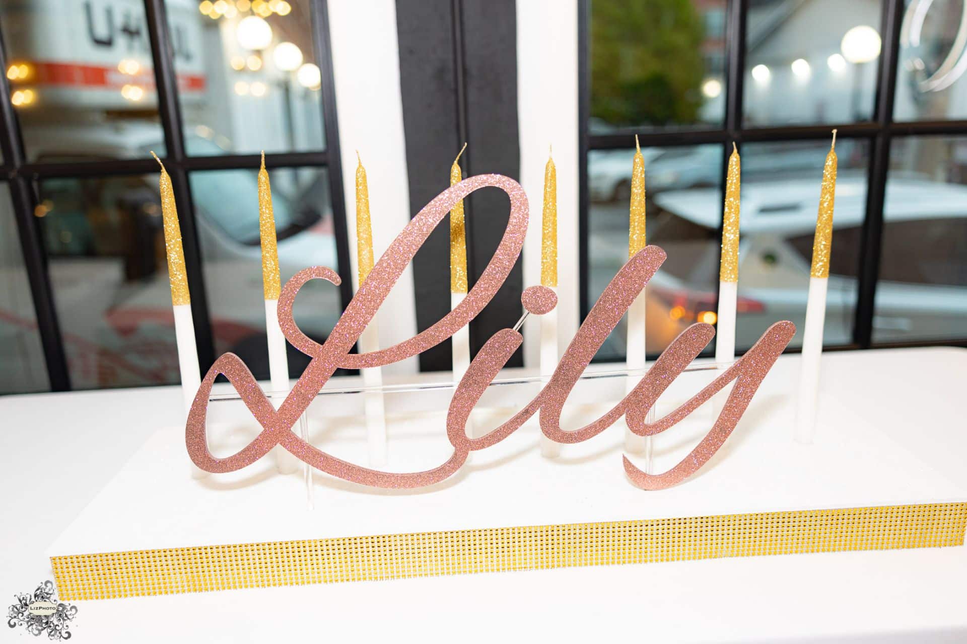 Rose Gold Candle Lighting Display with Gold Glitter Dipped Candles