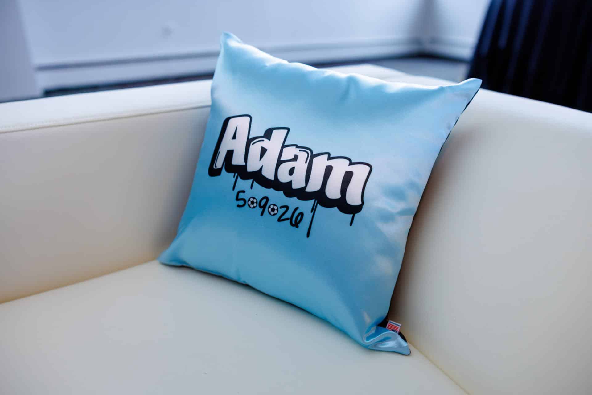 Custom Light Blue Pillow for a Soccer Theme Bar Mitzvah