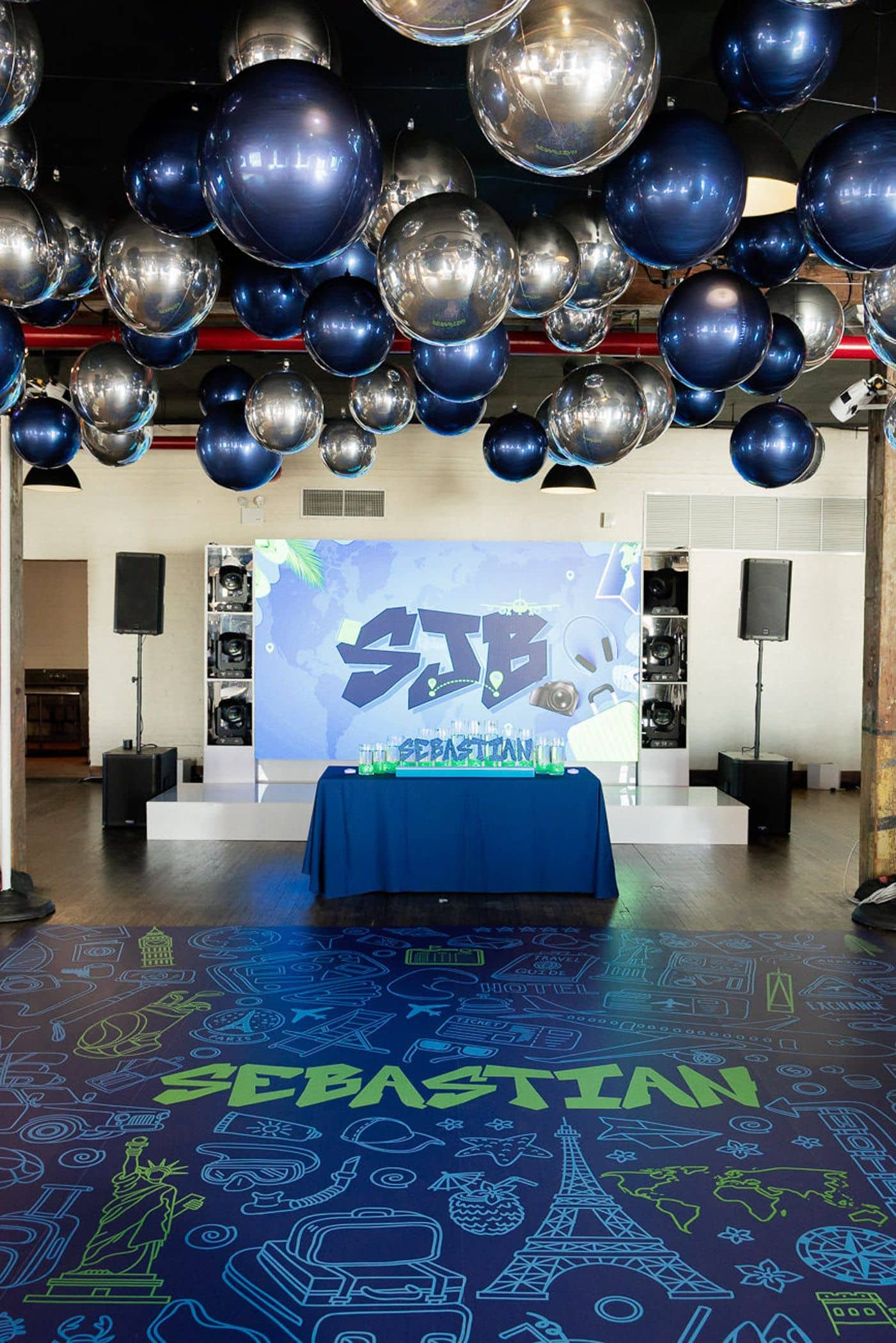 Custom Dance Floor Wrap for a Travel Theme Bar Mitzvah at Liberty Warehouse