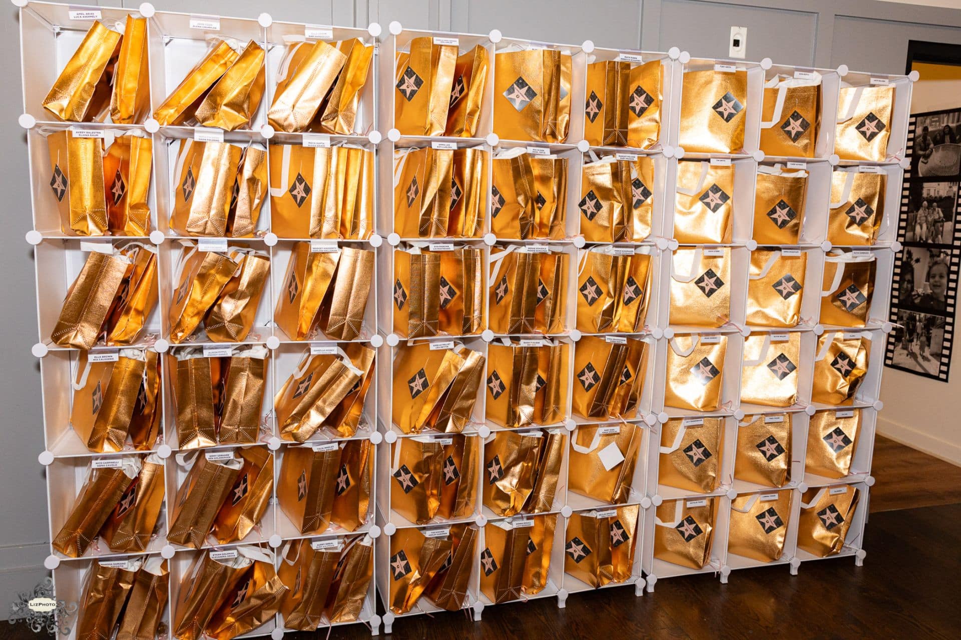 Custom Gold Bag & Tag in Cubbies for a Hollywood Themed Bat Mitzvah