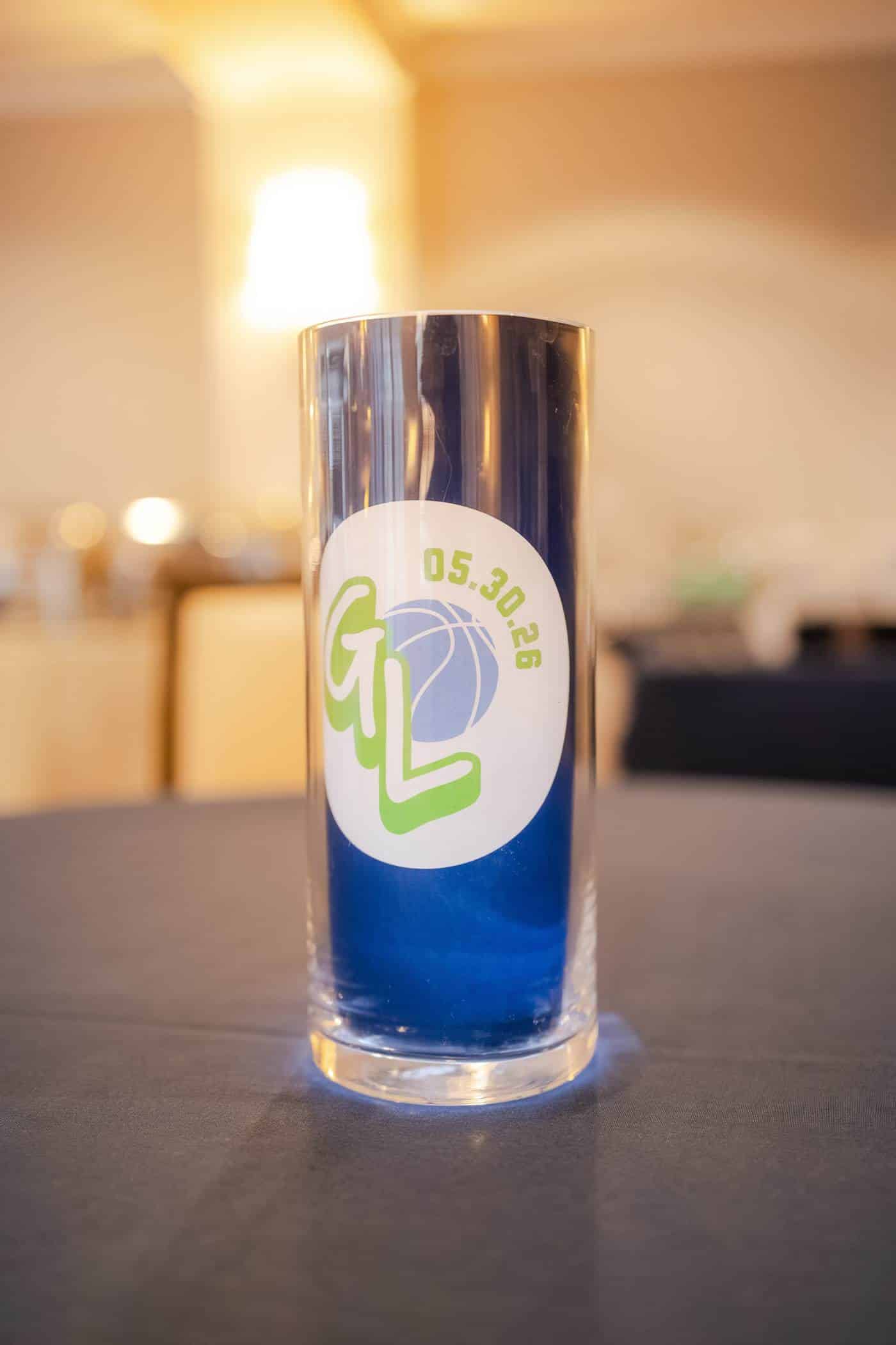 Custom Basketball Wrapped Vase for Hightop Tables at a Basketball Theme Bar Mitzvah
