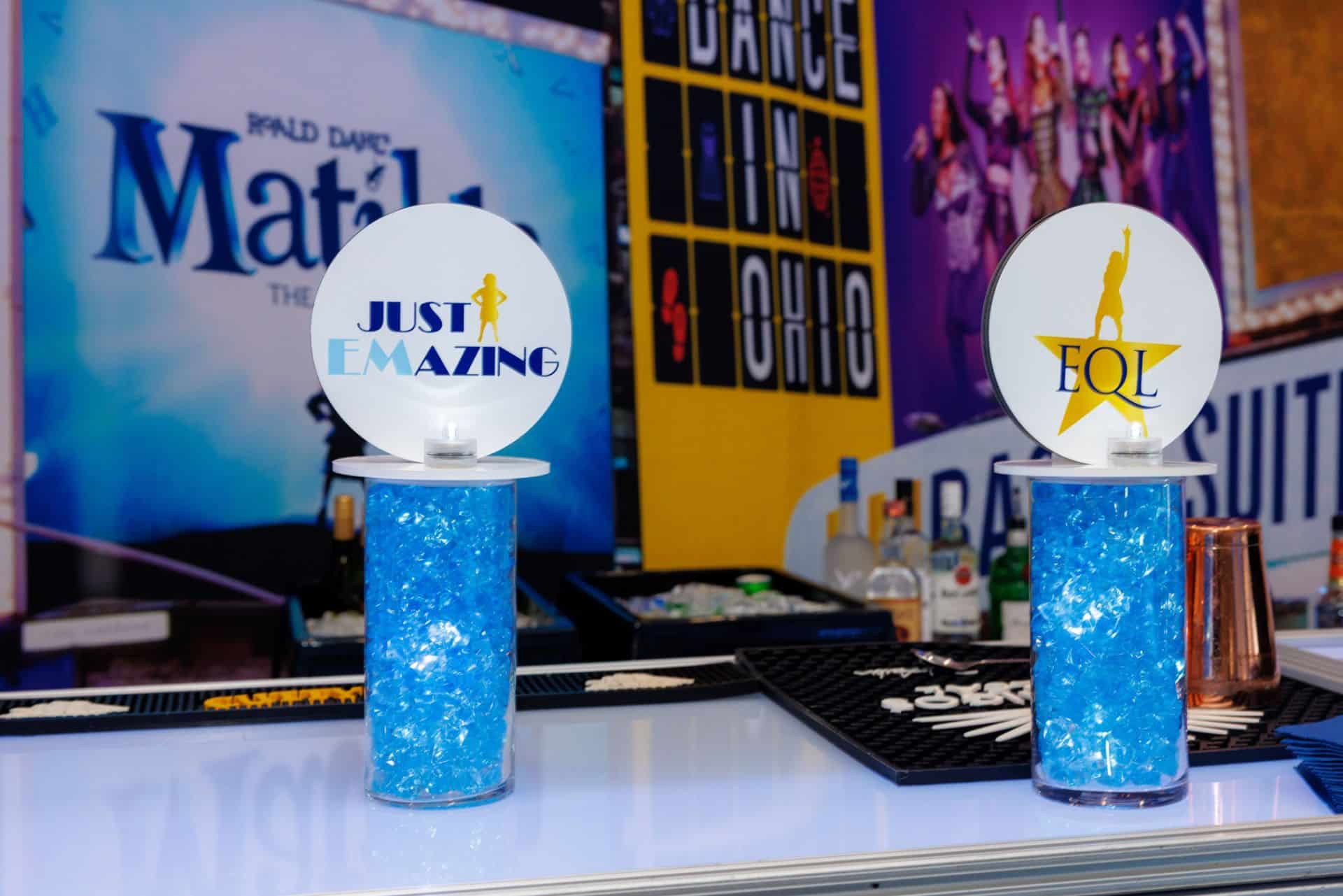 Mini Logo Toppers with LED Pale Blue Chips for a Broadway Theme Bat Mitzvah