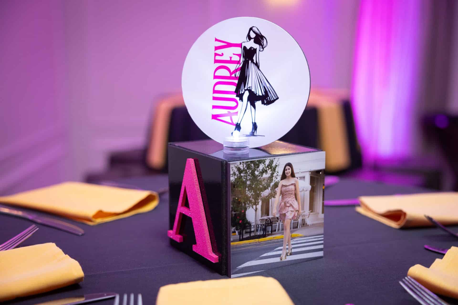 Mini Cube with Logo Topper for a Audrey In Paris Themed Bat Mitzvah