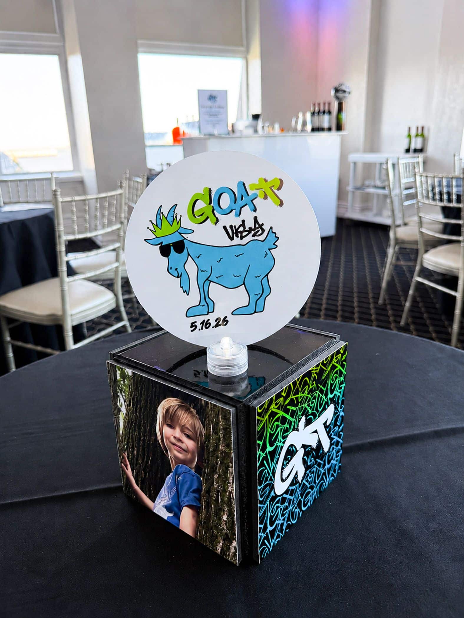 Mini Photo Cube with Logo Topper for a GOAT Themed Bar Mitzvah