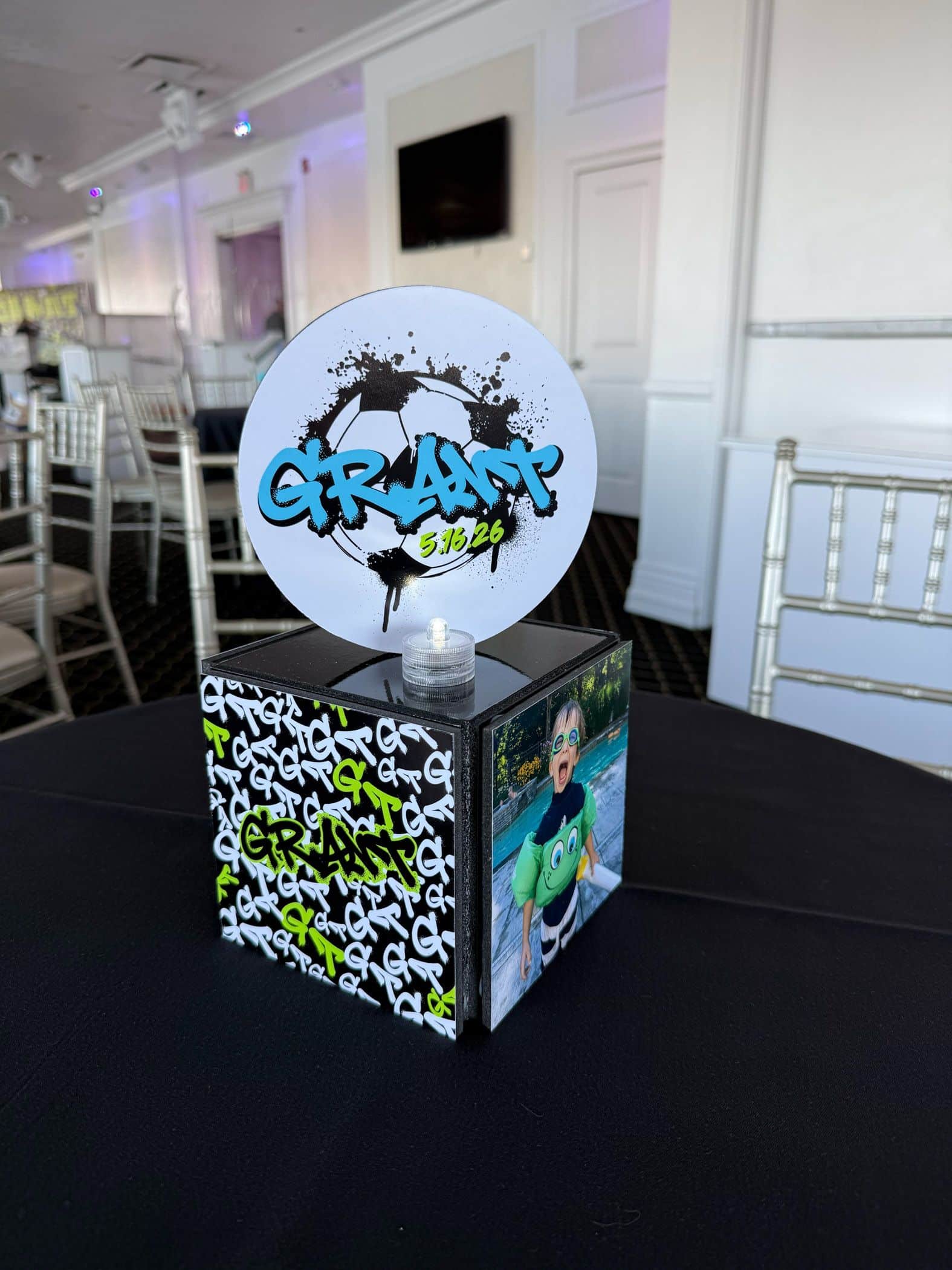 Custom Mini Cube with Logo Topper for a Soccer/Graffiti Themed Bar Mitzvah
