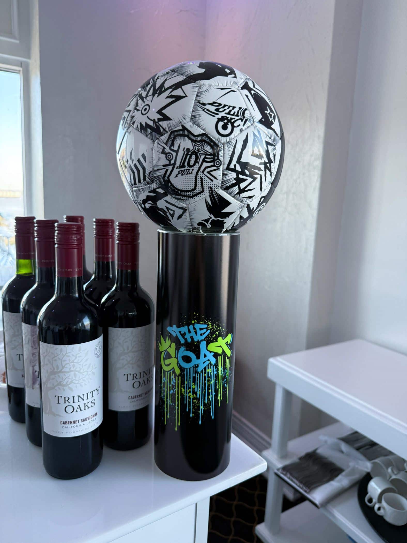 Custom Logo Wrapped Vase Topped with a Soccer Ball for a Soccer/Graffiti Themed Bar Mitzvah
