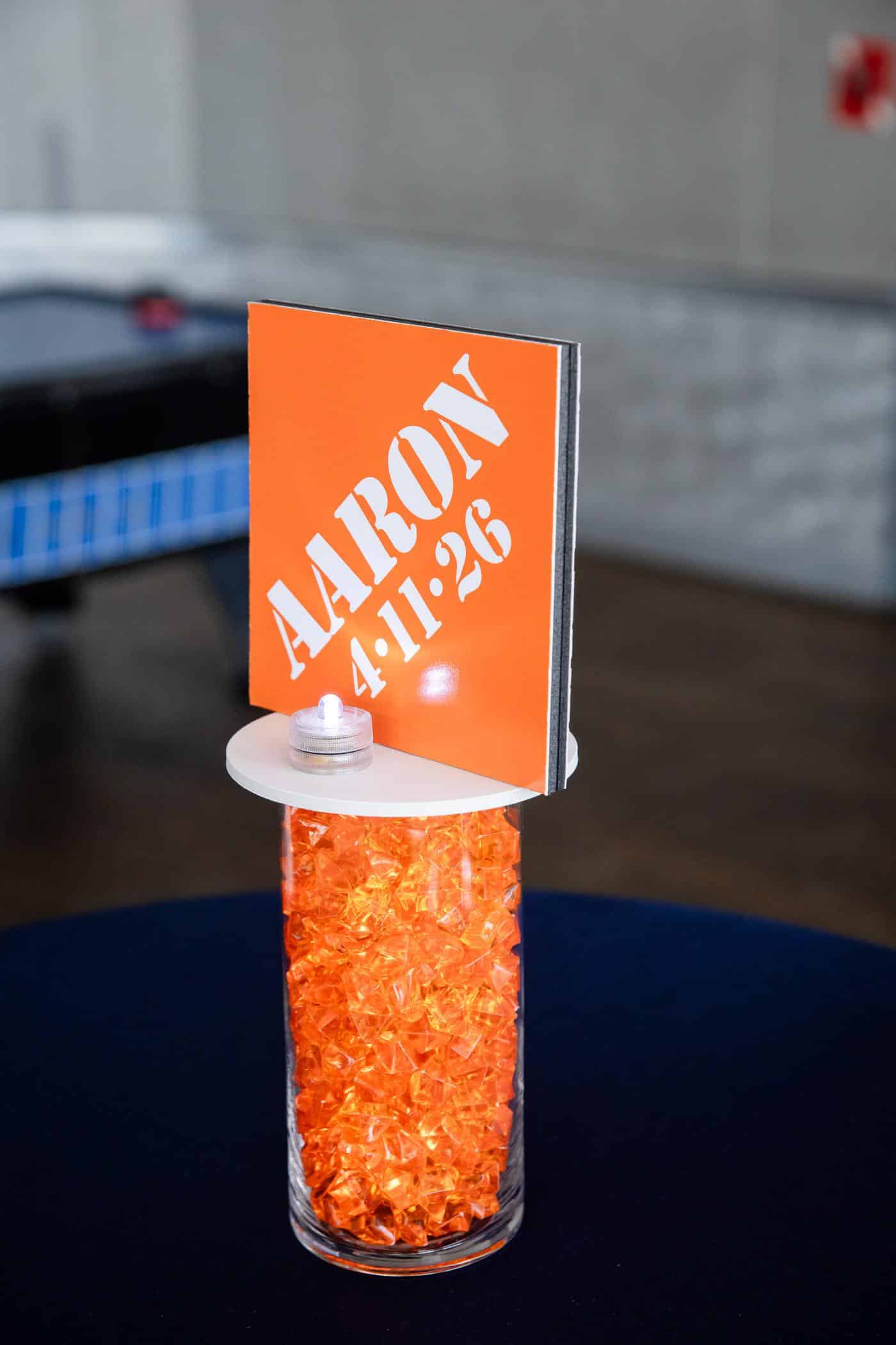 Custom Mini Logo Topper Centerpiece with LED Orange Chips for a Home Depot Themed Bar Mitzvah