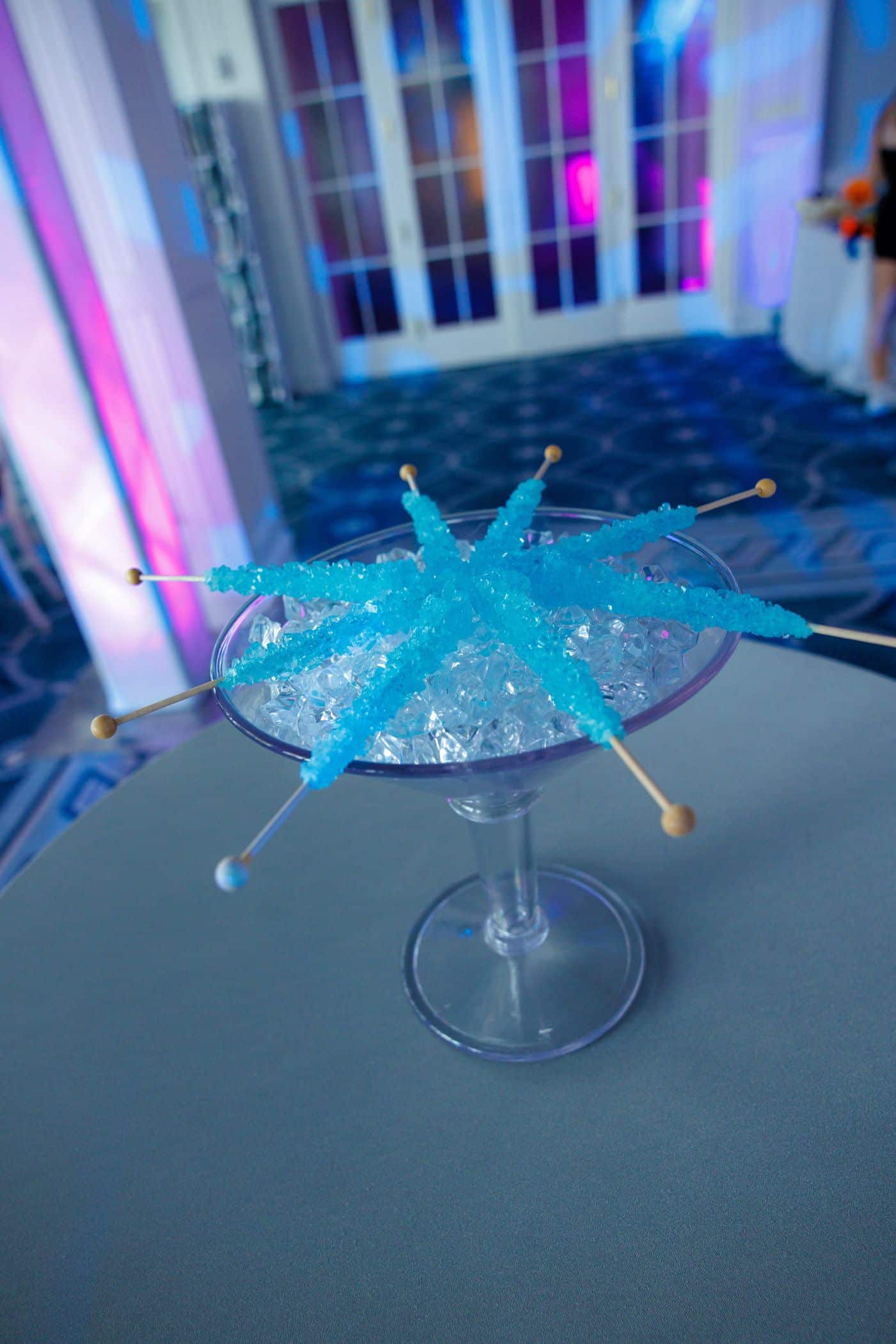 Blue Rock Candy Martini Glass Centerpiece with Clear LED Chips