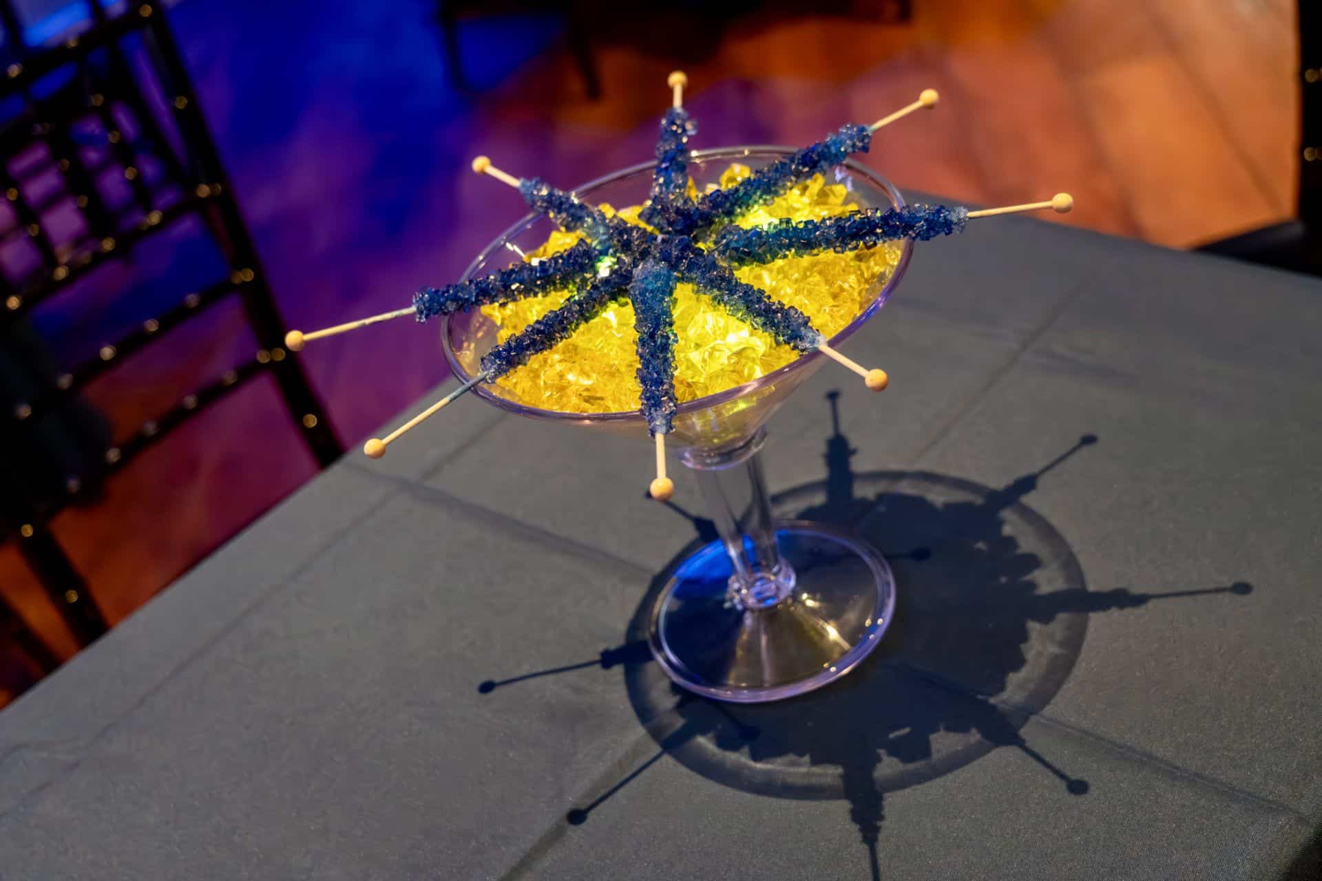 Blue Rock Candy Martini Glass Centerpiece with Yellow LED Chips