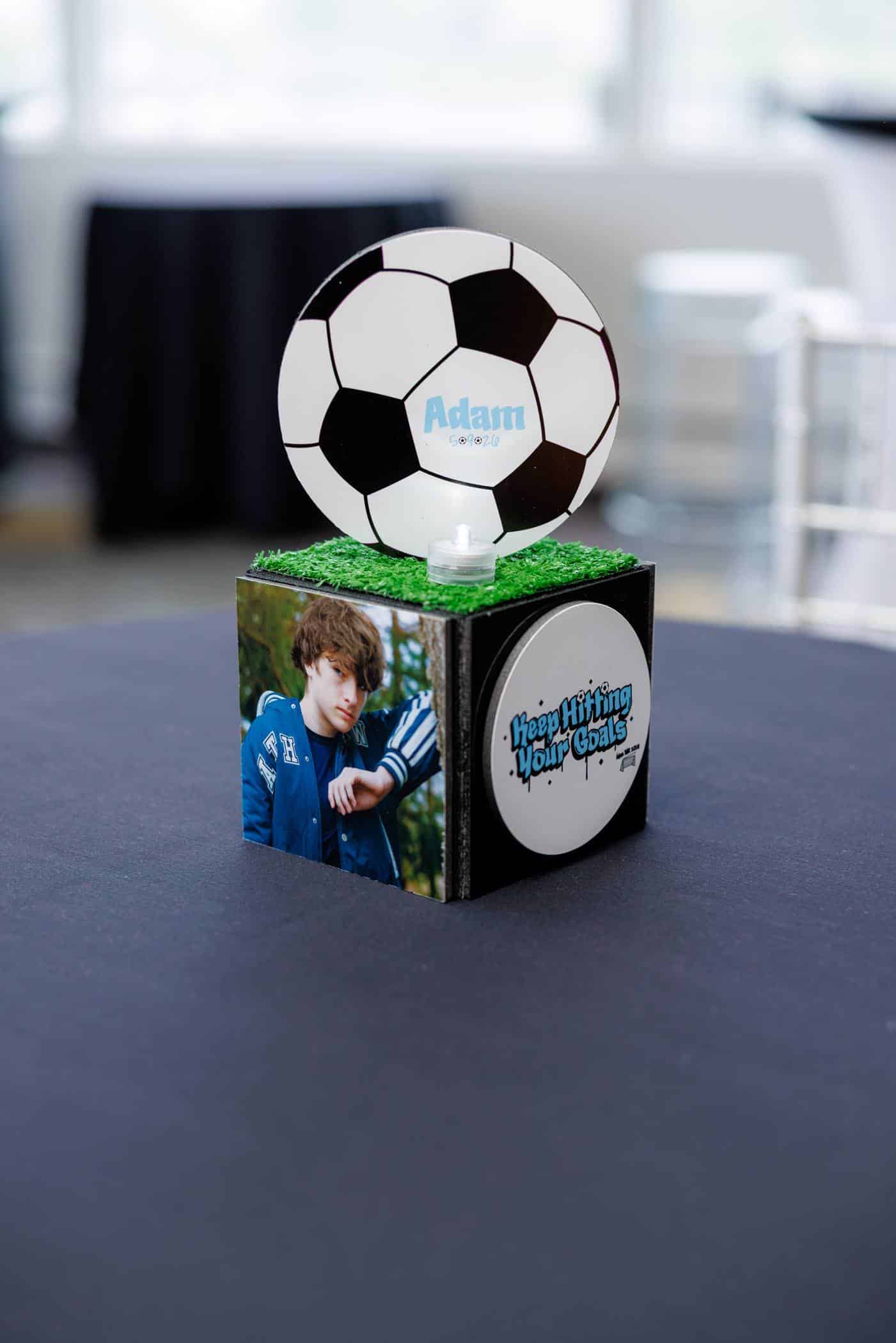Custom Mini Photo Cube with a Tuft Topper & Logo for a Soccer Theme Bar Mitzvah