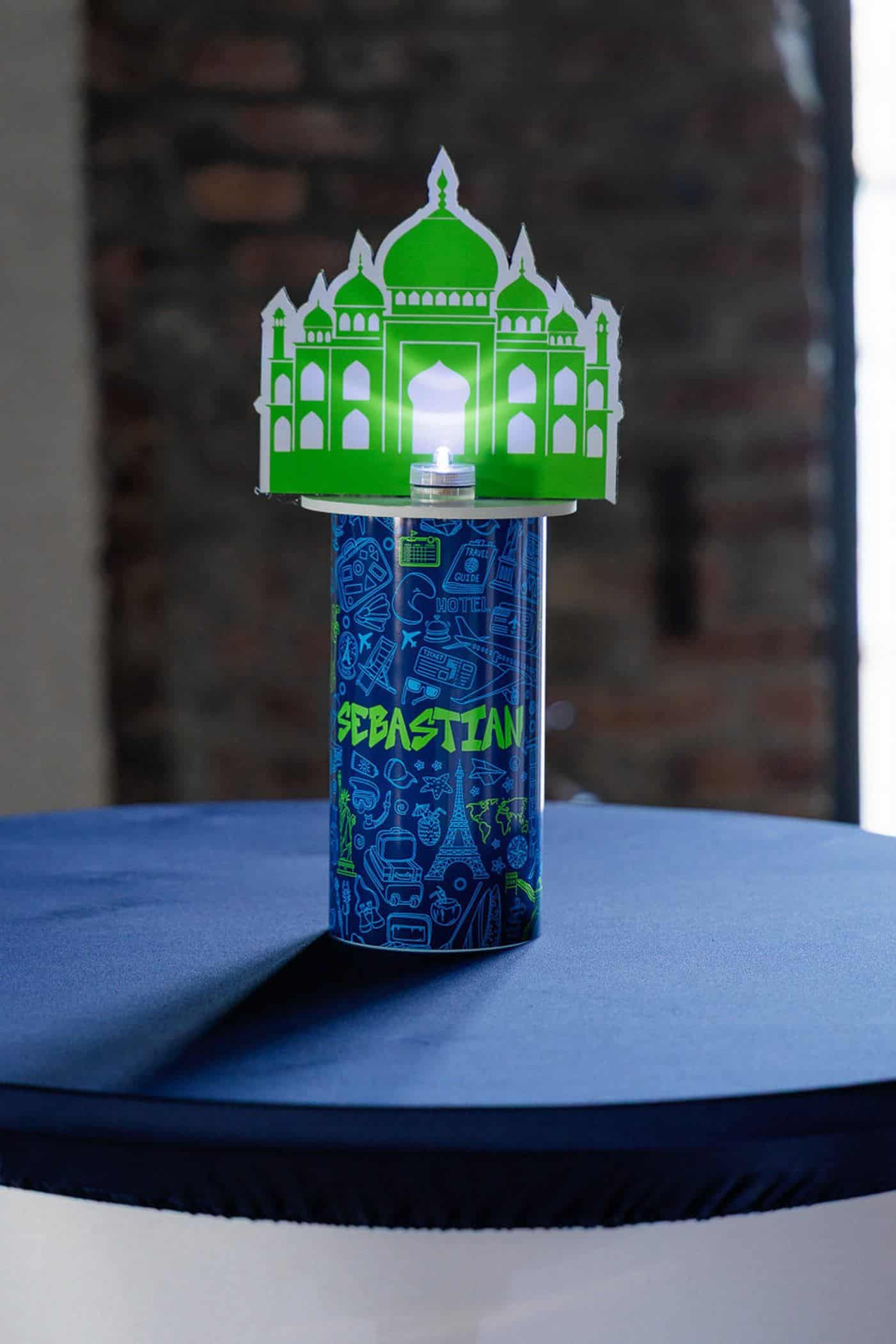 Custom Wrapped LED Vase with Building Silhouette for a Travel Themed Bar Mitzvah