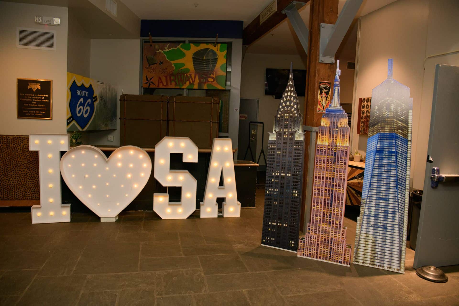 Marquee Letters & City Buildings for a City Theme Bat Mitzvah at Arch Streer