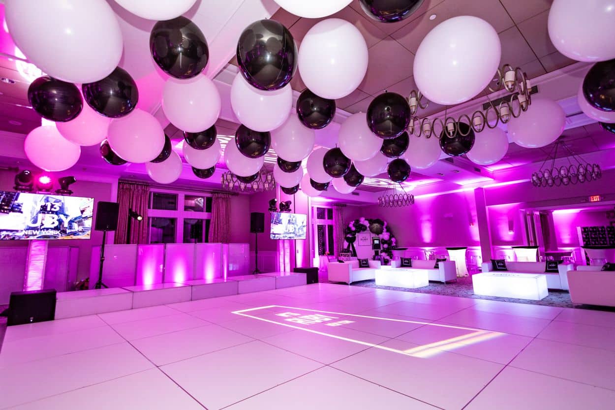 Chanel Themed Bat Mitzvah with Balloon Ceiling, Led Lounge, Photo Booth Backdrop and Balloon Arch at Harrison Meadows