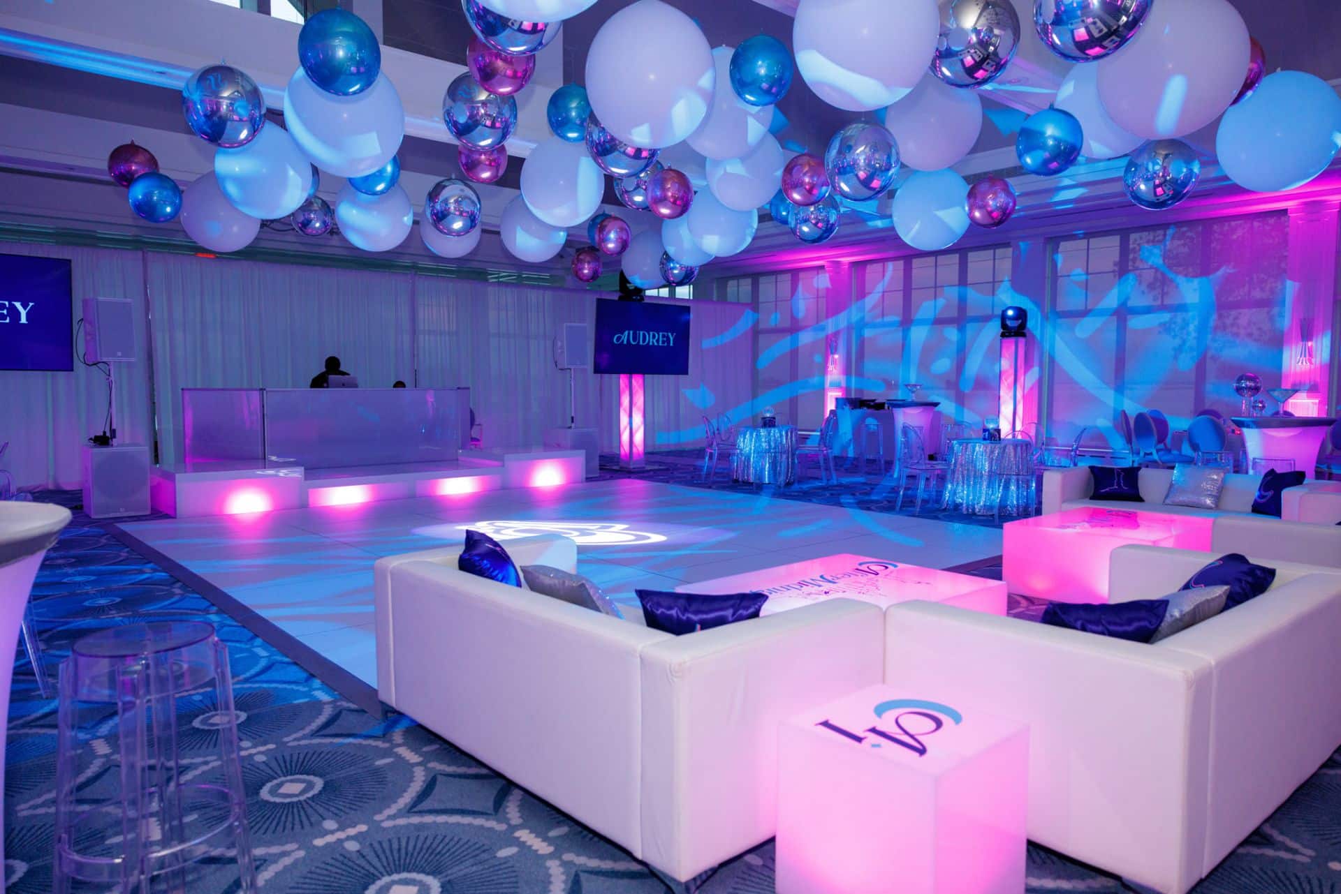 Pink & Blue Bat Mitzvah with a Balloon Ceiling, LED Uplighting, and LED Lounge at Beach Point Club