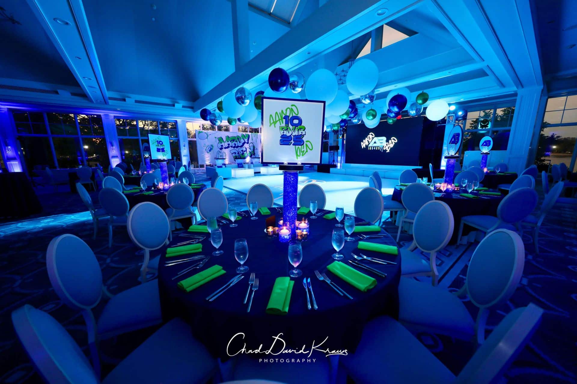 Blue & Green Graffiti Themed Bar Mitzvah with a Balloon Ceiling, Custom Mural, Logo Toppers & LED Lounge at Beach Point Club