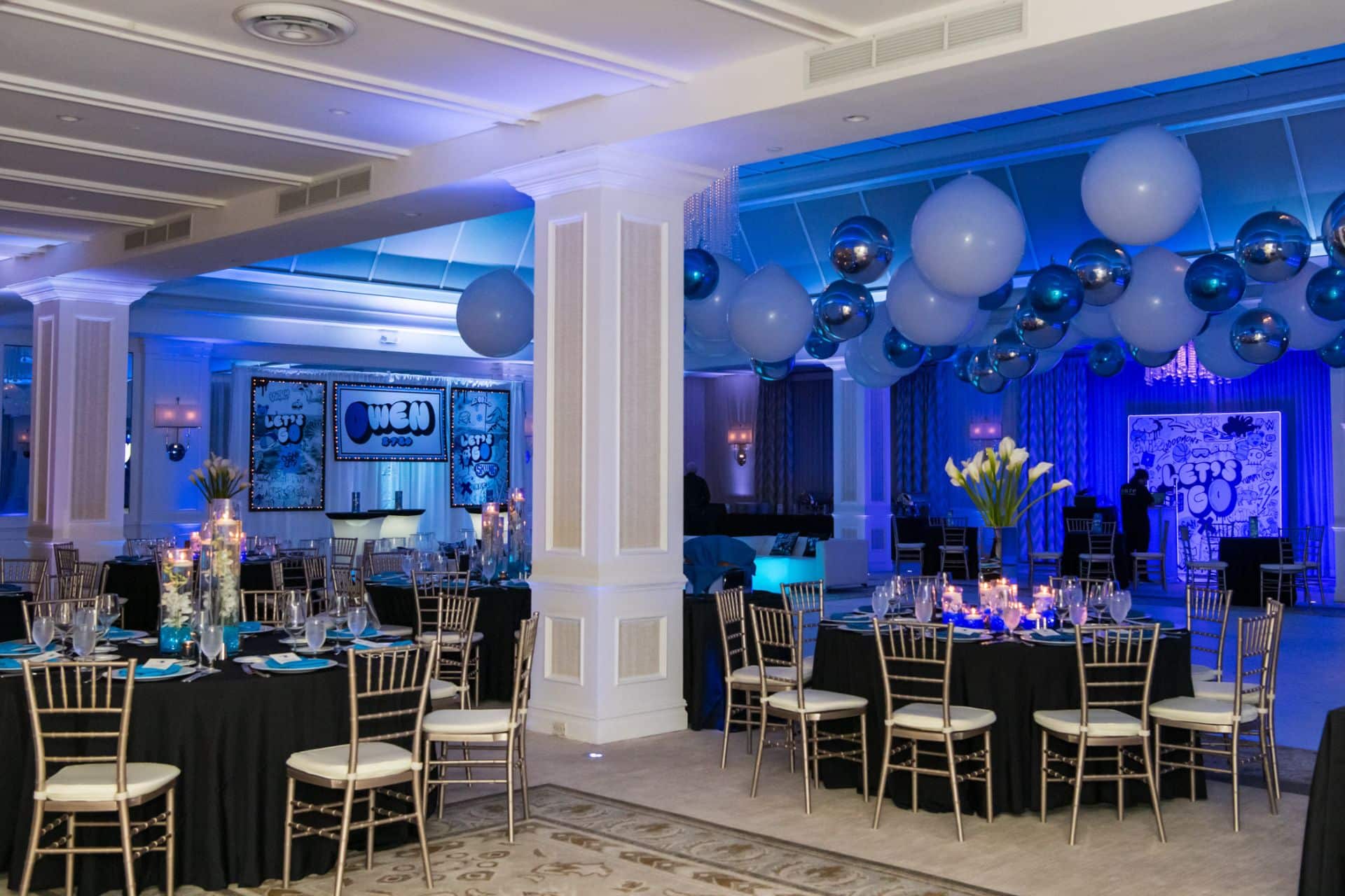 Blue Bar Mitzvah with a Balloon Ceiling, Floral Centerpieces, Printed Signage and LED Lounge at Edgewood Country Club