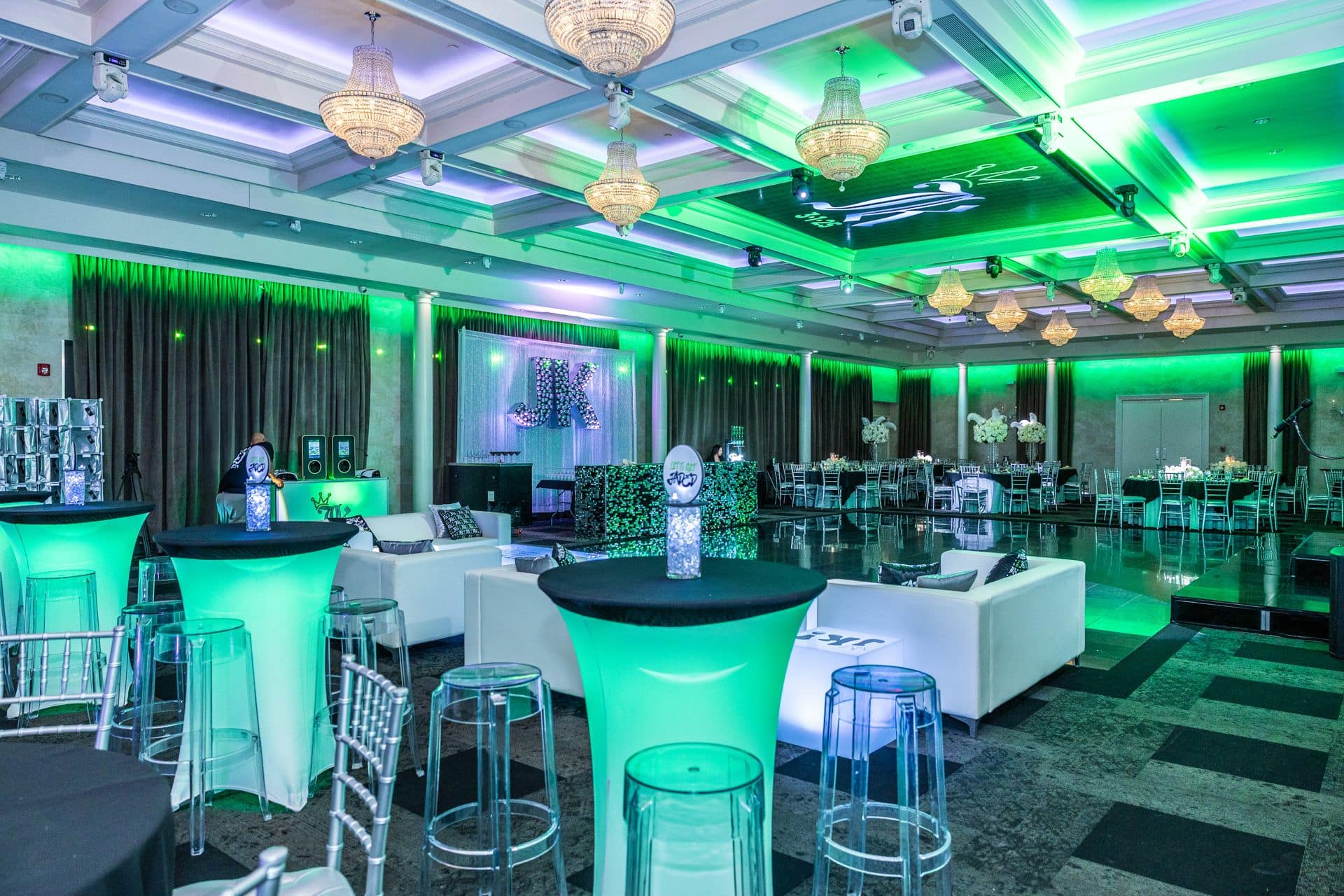 Green and Silver Bat Mitzvah with Balloon Mosaic Letters behind Bar and Custom LED Lounge at Mulino's of Westchester