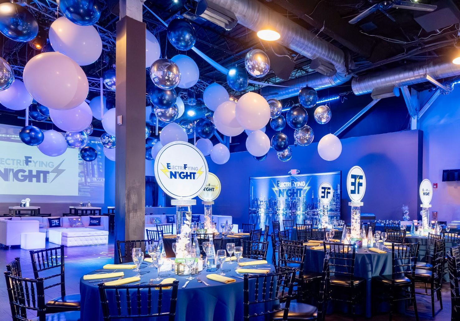 NYC Themed Bat Mitzvah with LED Logo Toppers & Orchid Centerpieces, Balloon Ceiling & a Custom Mural at Vibe