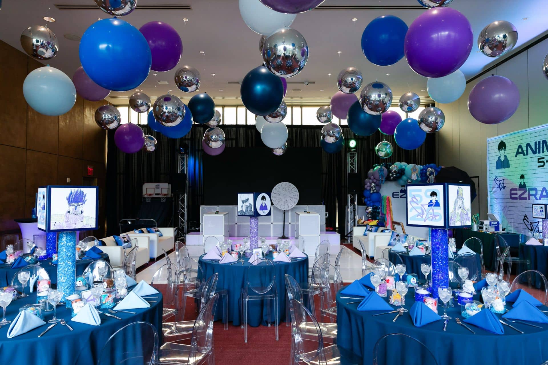 Anime Bar Mitzvah with Balloon Ceiling, Custom Photo Cube Centerpieces, and a Mural at Congregation Rodeph Sholom