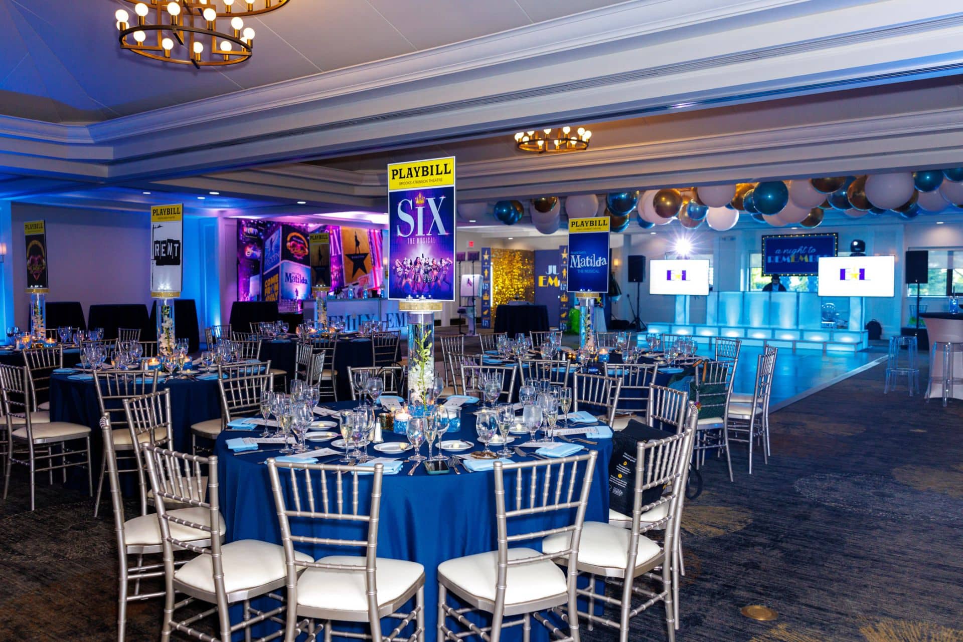 Broadway Theme Bat Mitzvah with Playbill Orchid Centerpieces, Balloon Ceiling, LED Bar, and Custom Mural at Shackamaxon Country Club