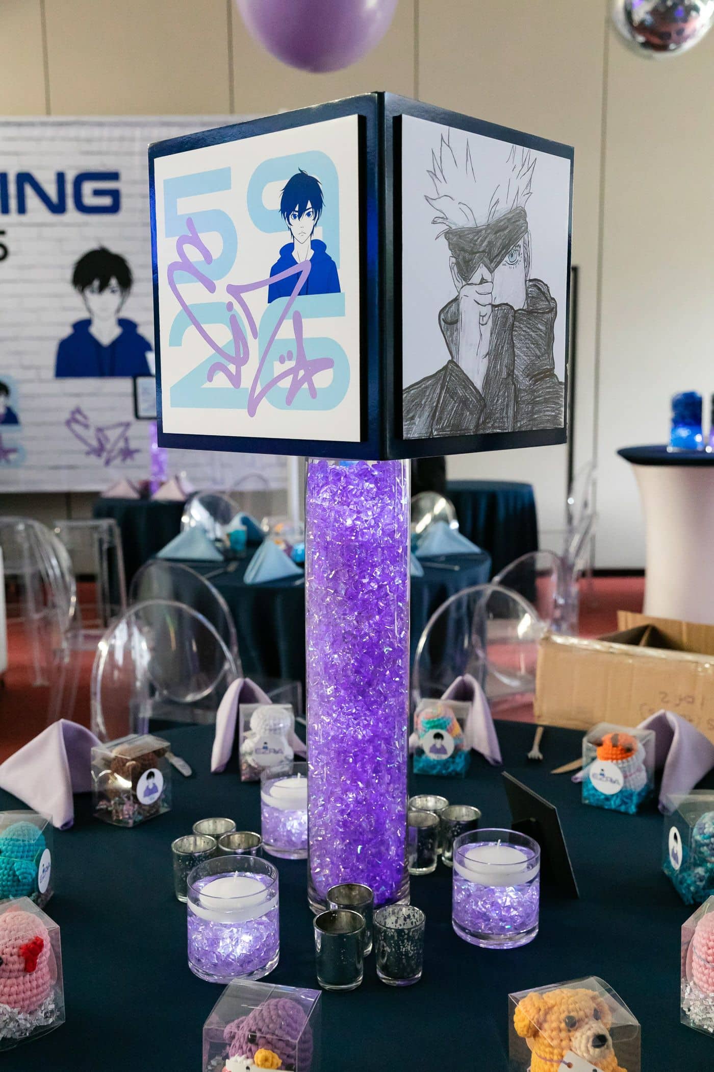 Custom Navy Cubes with Photos & Art on LED Lavender Chips for an Anime Themed Bar Mitzvah