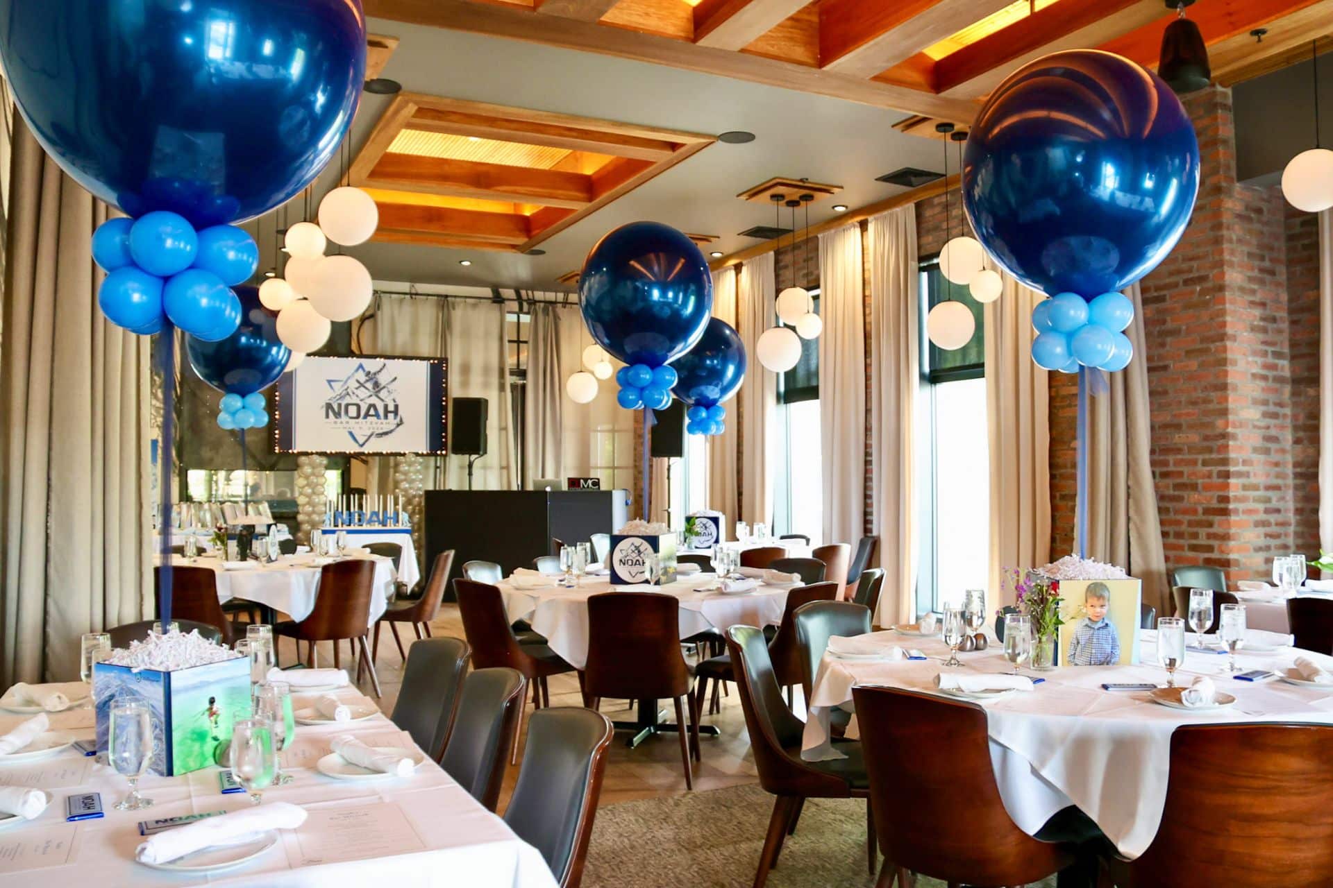 3ft Navy Balloon with Custom Photo Cubes for a Ski Themed Bar Mitzvah