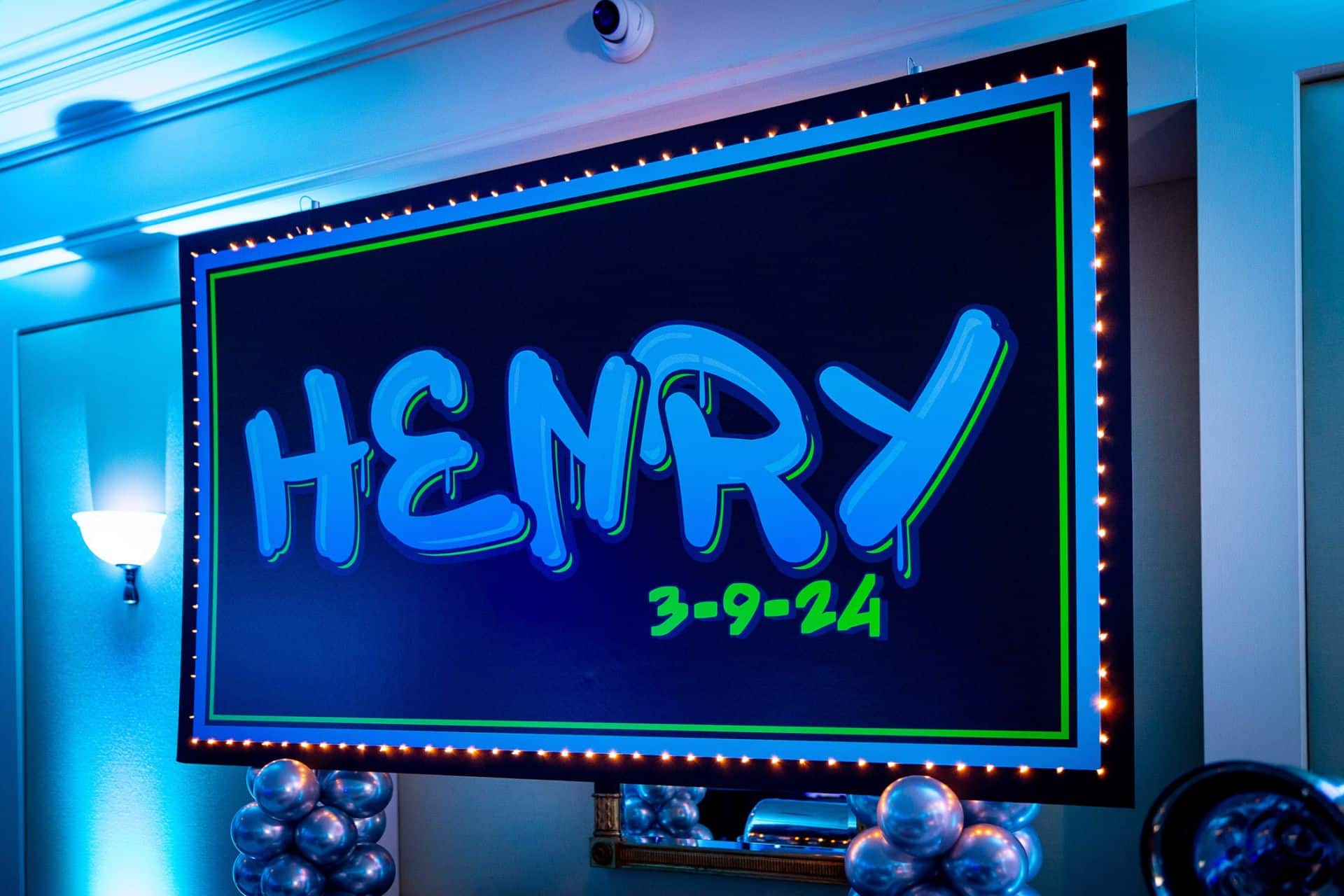 Printed Neon Sign with Lights on Balloon Poles at Hampshire Country Club