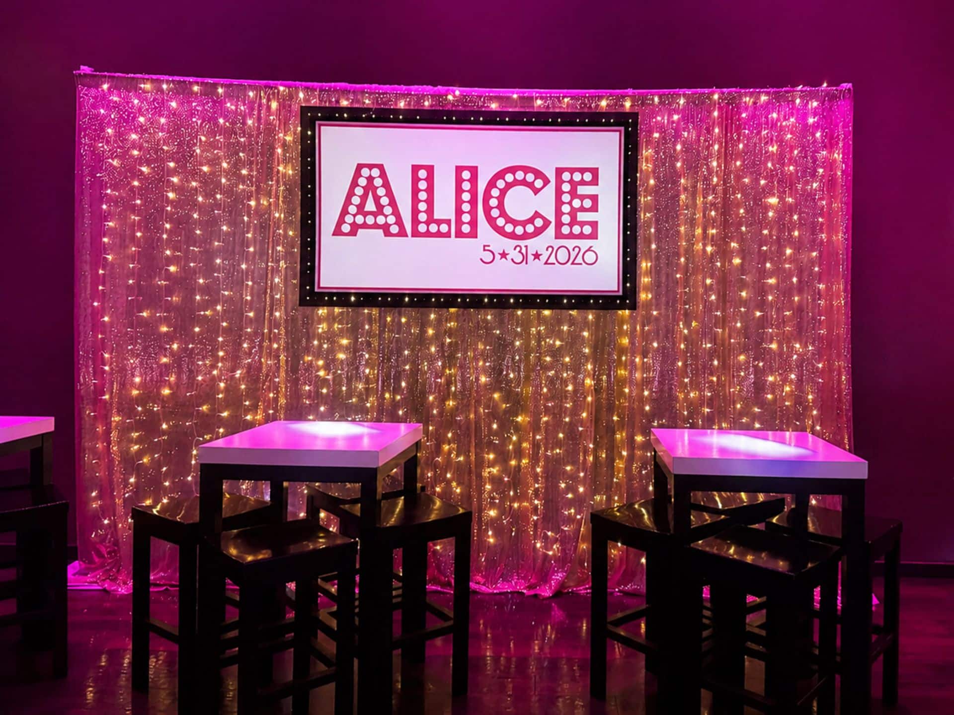 Printed Sign on Gold Pipe & Drape with Lights