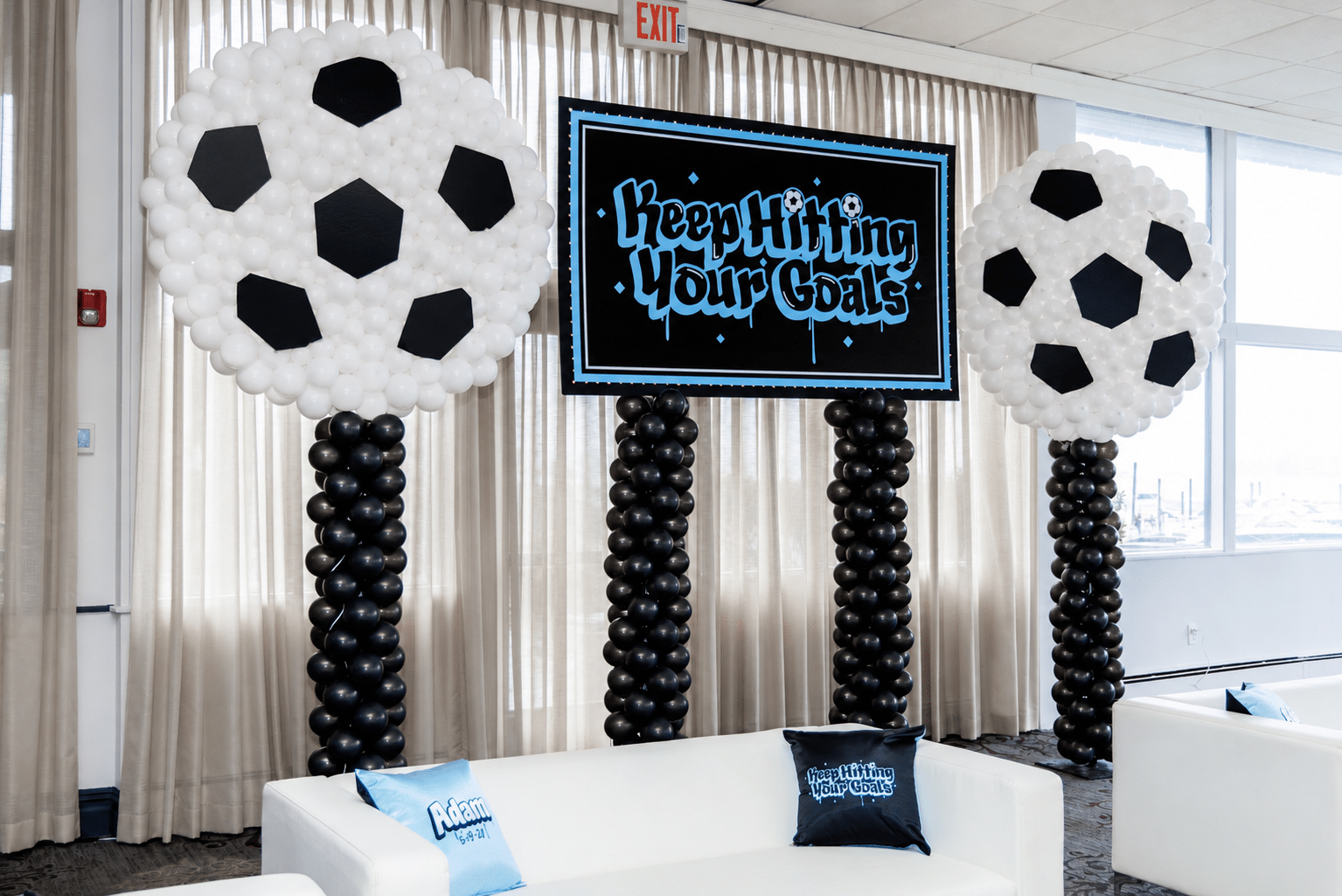 Printed Sign on Balloon Poles with Soccer Balloon Sculptures for a Soccer Theme Bar Mitzvah at Mamaroneck Beach & Yacht Club