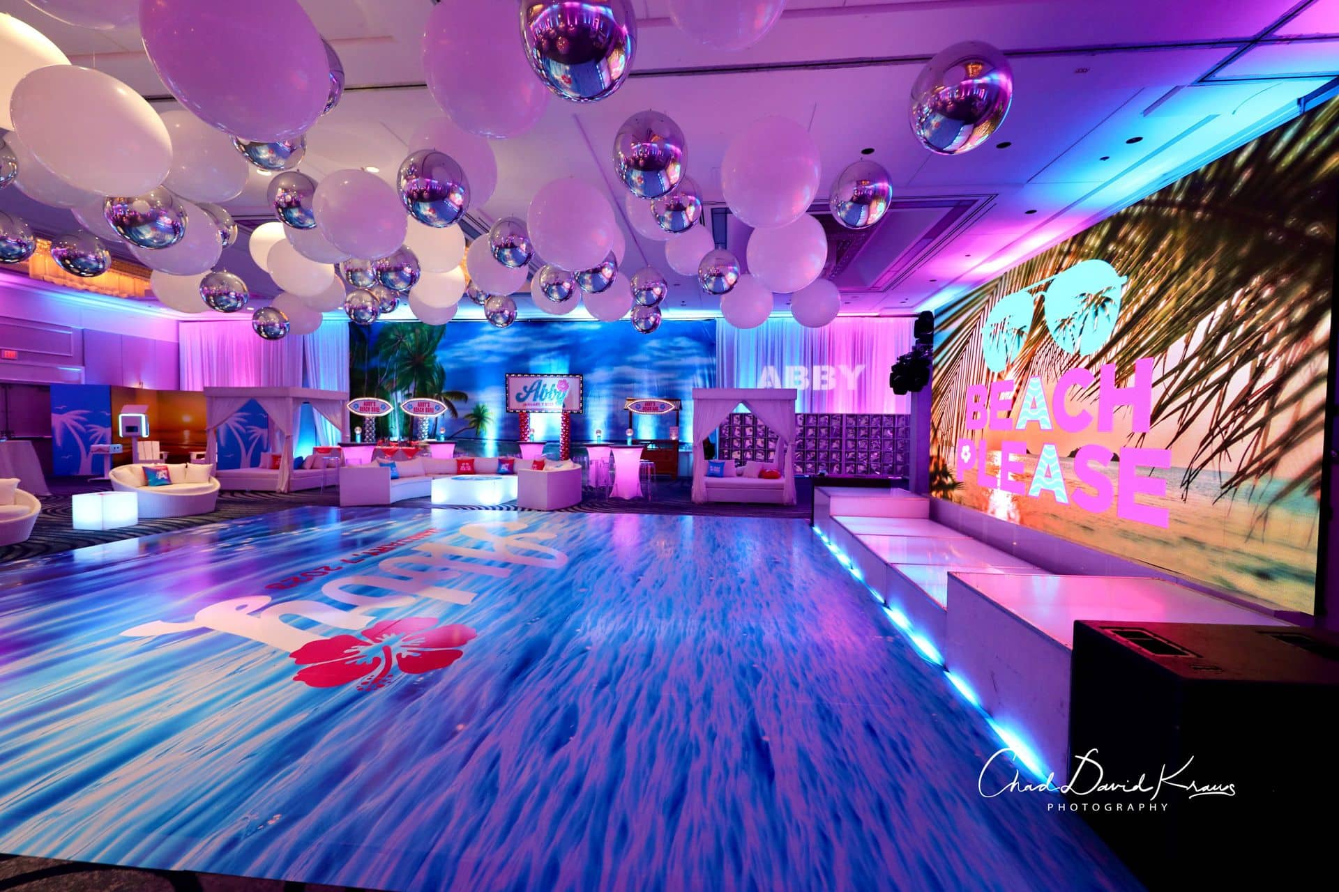 Beach themed ceiling balloon arrangement