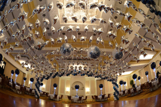 Navy & White Bar Mitzvah with Balloon Canopy Wrap over Dance Floor & Exploding Balloon Release