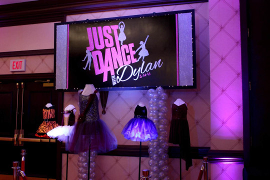 Dance Themed Bat Mitzvah Backdrop with Dance Costume Mannequins Display