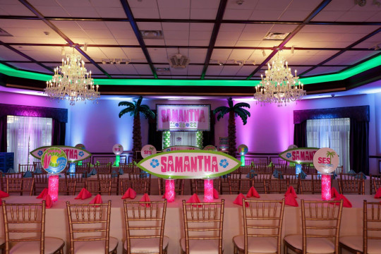Custom Logo Backdrop with Balloon Palm Trees for Beach Themed Bat Mitzvah at Temple Emanuel, Closter