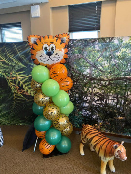 Safari Themed Balloon Column with Tiger Topper for Jungle Themed First Birthday