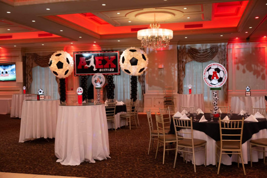 Soccer Themed Balloon Sculptures with Custom Logo Backdrop for Bar Mitzvah at The Terrace, NJ