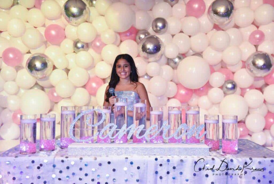 Bat Mitzvah Candle Lighting Display with Silver Glitter Name & Light Pink LED Cylinders