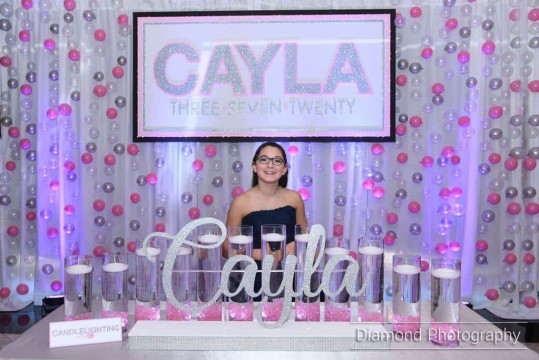 Bat Mitzvah Candle Lighting Display with Silver Name Display and Light Pink LED Cylinders