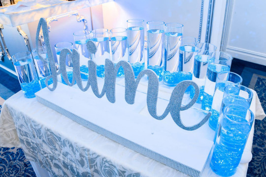 Silver Name Display with Pale Blue LED Cylinders for Bat Mitzvah Candle Lighting