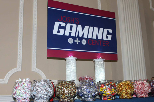 Video Game Themed Bar Mitzvah Candy Bar Setup with Custom Sign