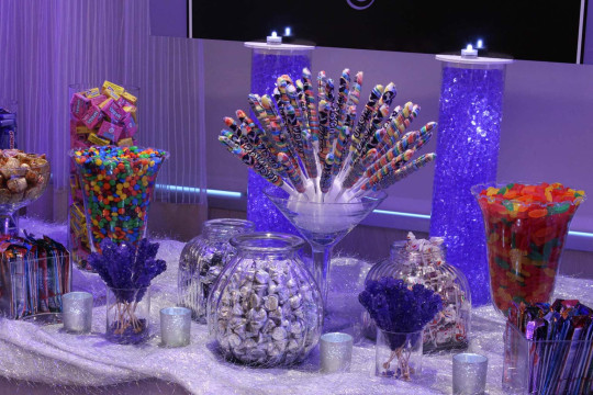 Sweet Sixteen Candy Bar Setup with Unicorn Pop Centerpiece