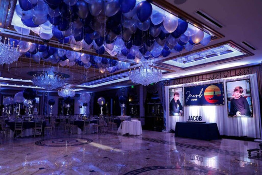 Navy & Silver Ceiling Balloons over Dance Floor for Bar Mitzvah at Seasons Catering, NJ