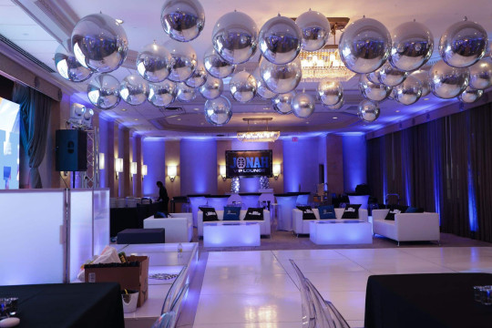 Silver Metallic Orbz Balloons over Dance Floor with Custom LED Lounge & Blue Uplighting at the Hilton, Woodcliff Lake